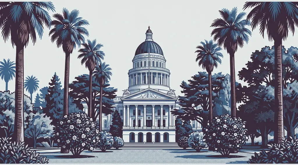 Risograph-style illustration of the white dome of the California State Capitol framed by tall palm trees