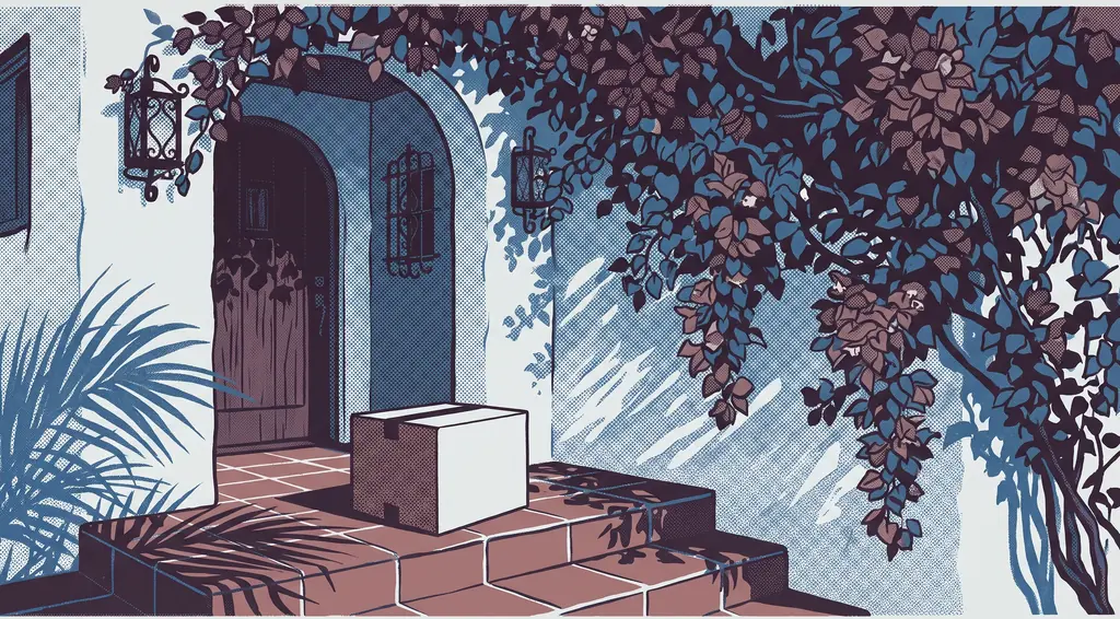 Risograph illustration of an unmarked cardboard parcel on the tiled front steps of a San Diego bungalow, palm shadows across the steps