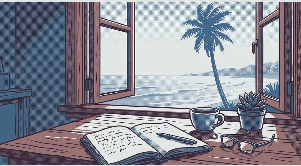 Risograph-style illustration of an open notebook, a coffee cup, reading glasses and a succulent on a table by a window overlooking the Pacific