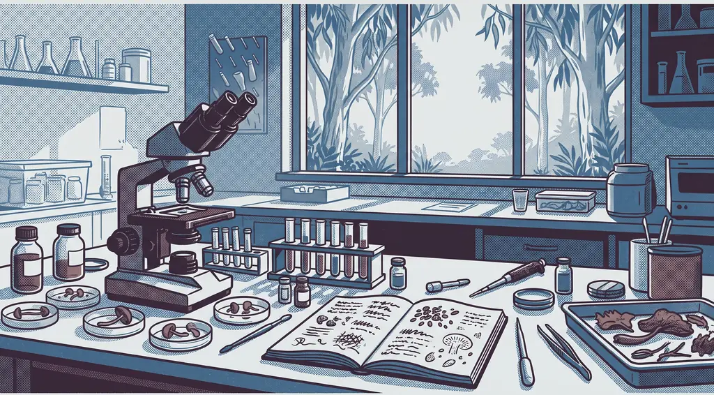 Risograph-style illustration of a lab bench with a microscope, petri dishes holding small brown mushrooms and test tubes
