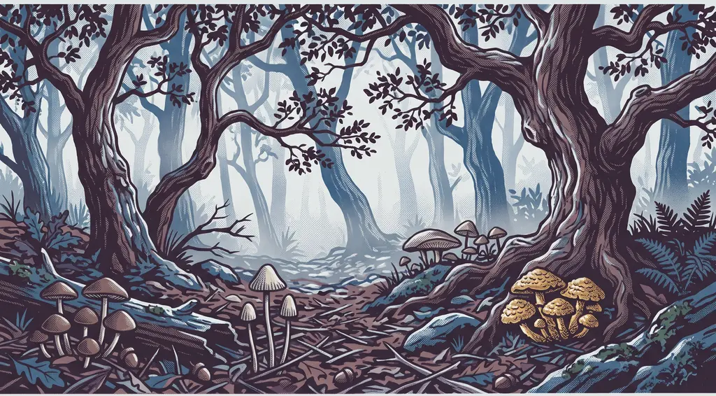 Risograph-style illustration of a misty coast live oak woodland with wild mushrooms in the leaf litter