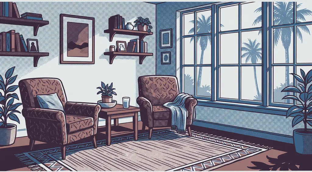 Risograph-style illustration of a calm, sunlit room with two armchairs, a side table and a window looking out on palm trees